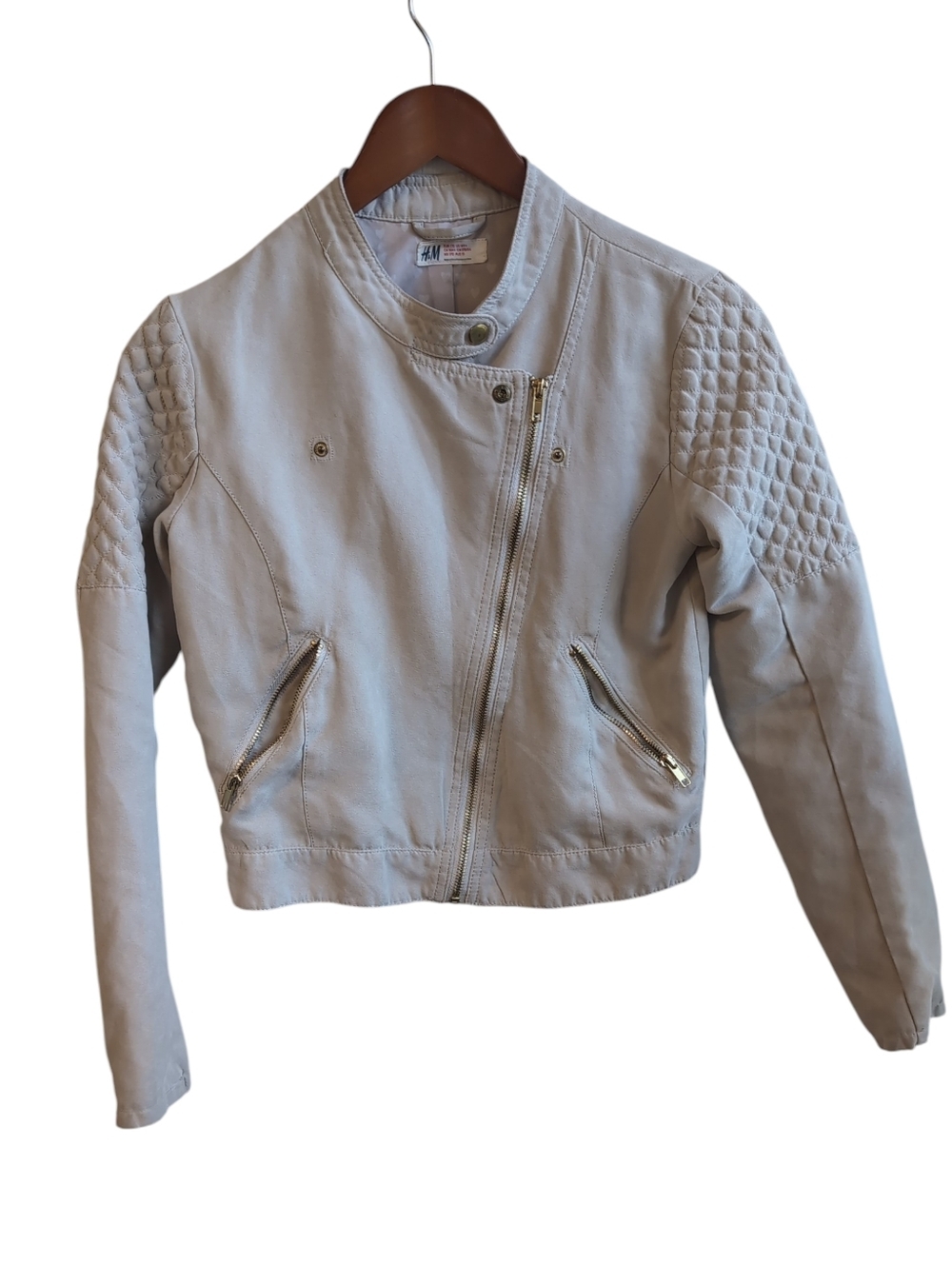 H&M Girls Tan Moto Style Jacket Quilted Shoulder Size Girls 14